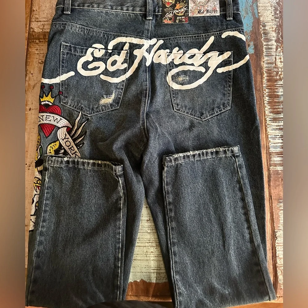Ed Hardy Black Slim Jeans with Colorful Skull Embroidery